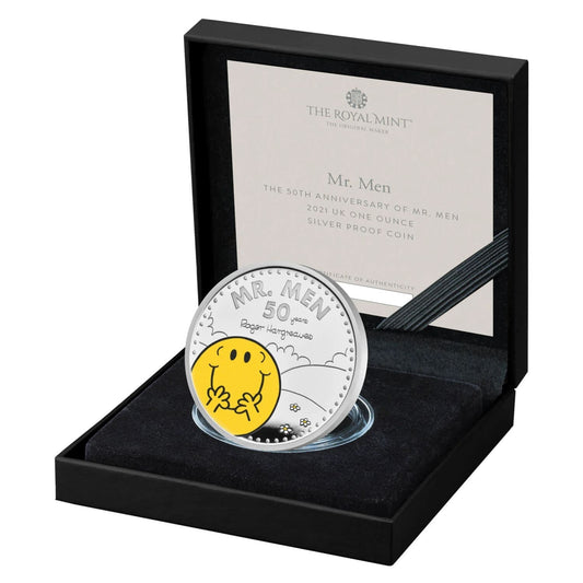 Mr Happy 50th Anniversary of Mr Men & Little Miss Silver 1 Ounce Proof Coin