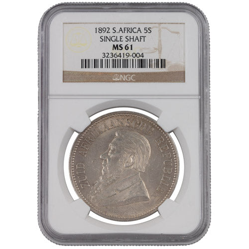 1892 5 Shillings Single Shaft MS61 – NGC Certified South African Silver Coin